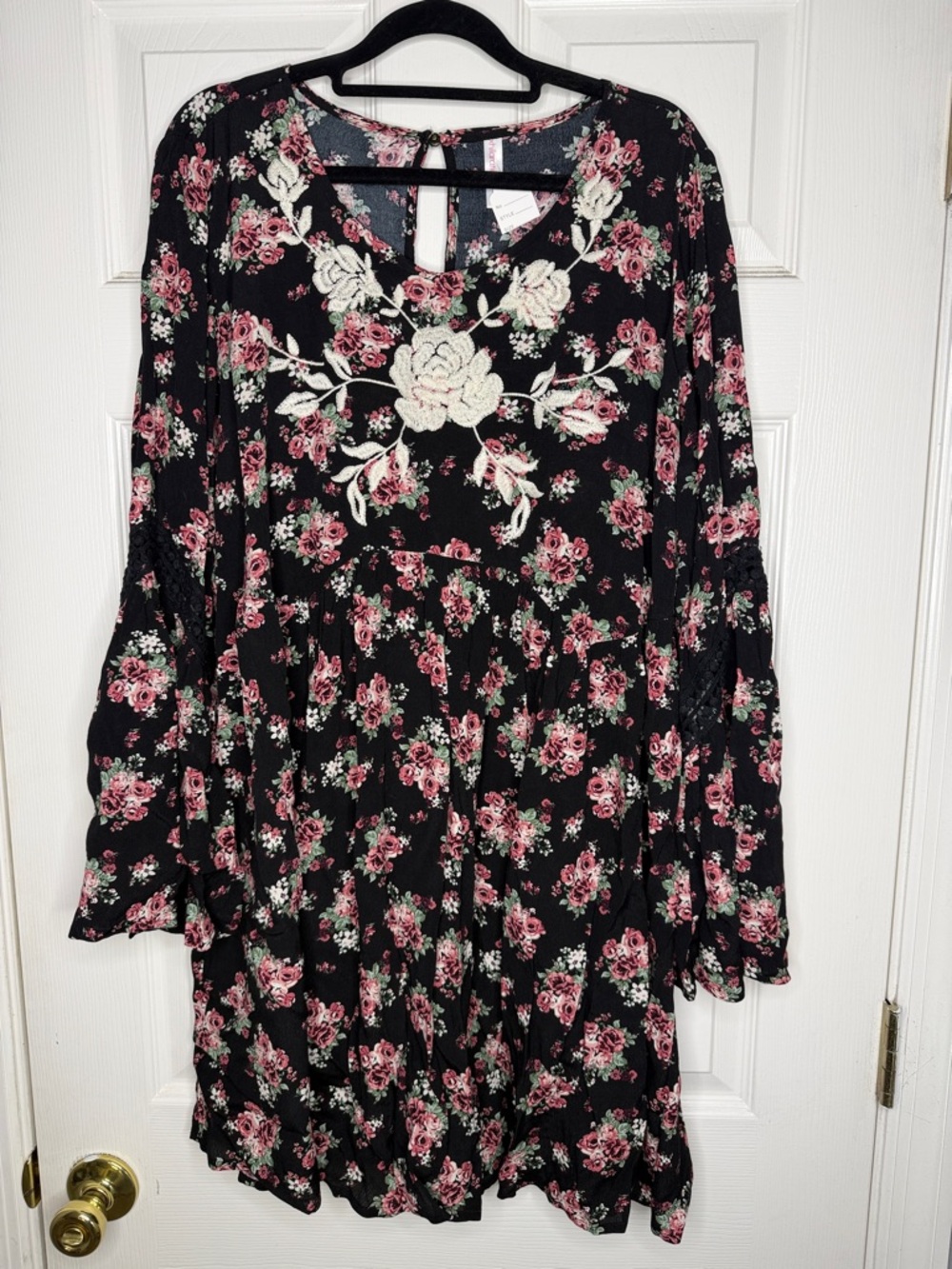 Floral Garden Hippie Embroidered Bell Long Sleeve Dress Dark Cottage Large